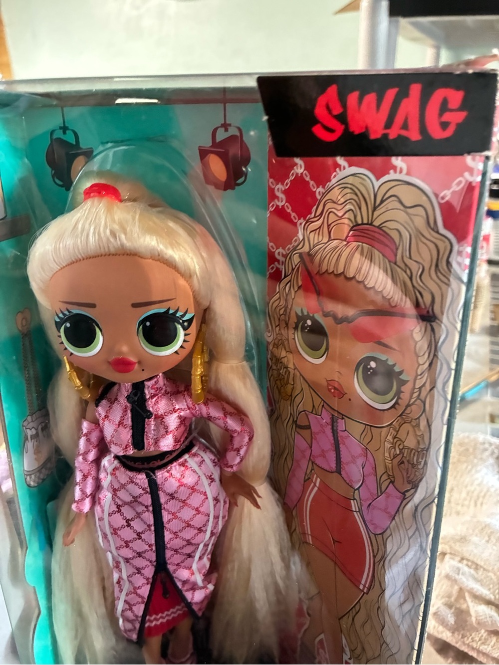 L.O.L. Surprise! Blonde Doll in Pink Patterned Outfit with Gold Earrings